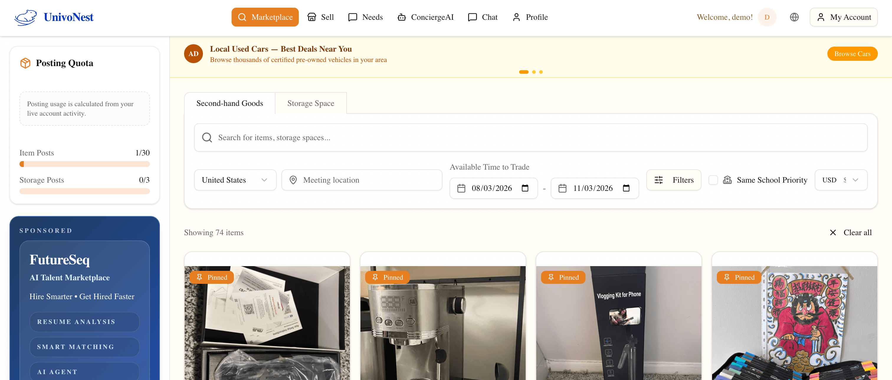 UniVoNest marketplace website